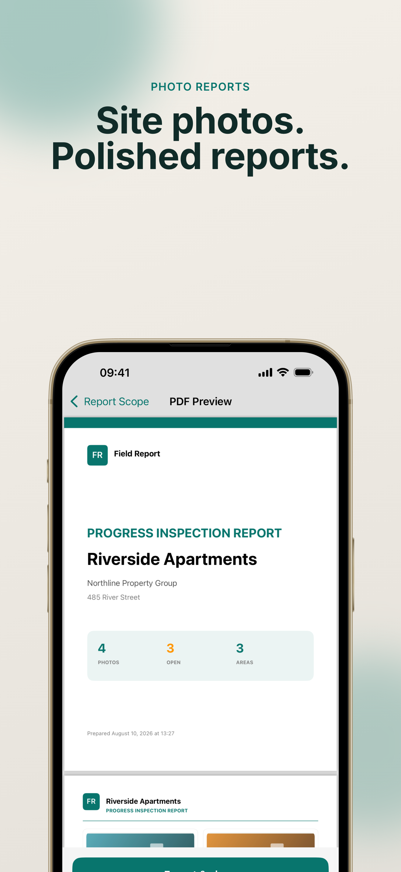 Field Report showing a client-ready site inspection PDF on iPhone